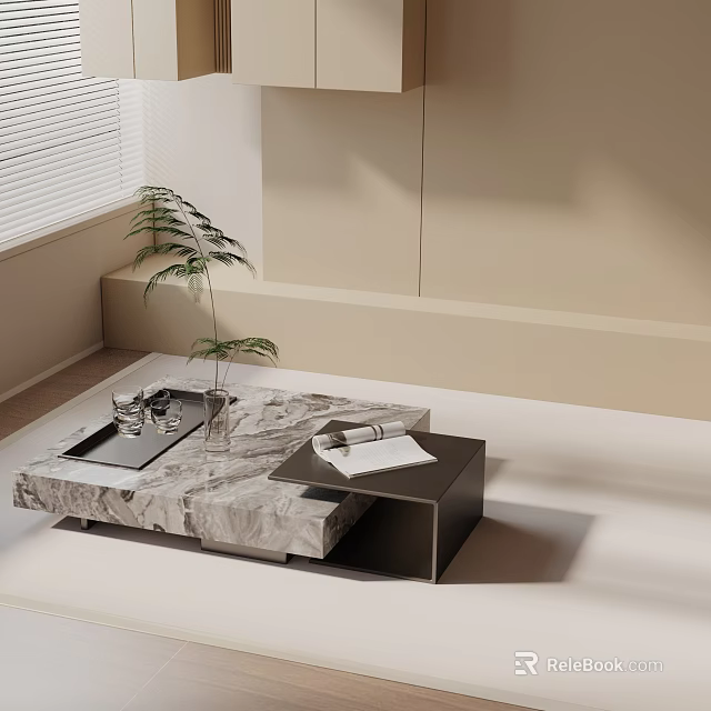 Modern Minimalist Sofa Coffee Table Set With Marble Top Plant And Magazine 3d model 