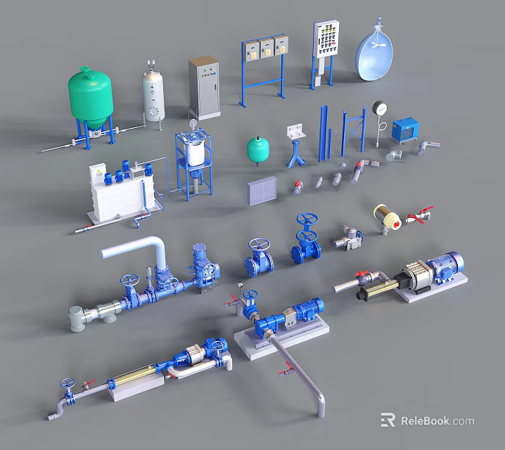 Industrial Equipment Collection Featuring Pumps Tanks Valves Pipes And Control Cabinets 3d model 