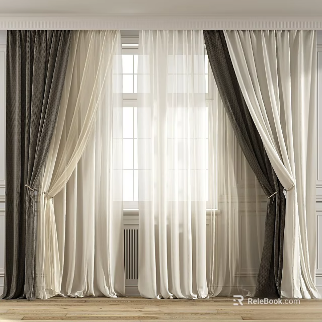 Elegant Home Curtains With Sheer Layers Brown And Beige Tones For Window Light 3d model 