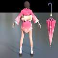 Anime Style Game Movie Character In Pink Cherry Blossom Kimono With Pink Umbrella