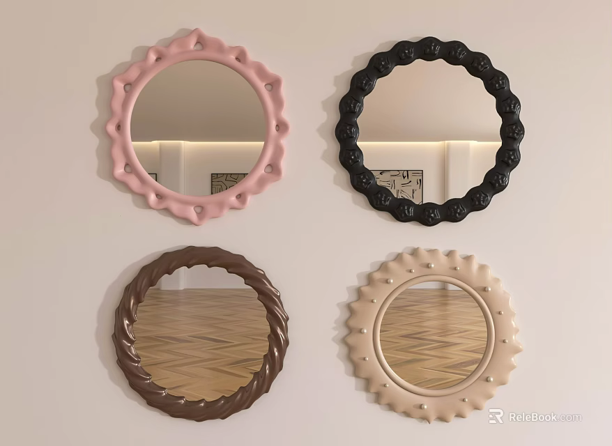 Four Circular Decorative Mirrors in Pink Black Brown Beige with Ornate Frames on Wall 3d model 
