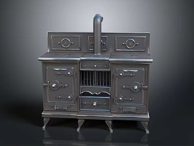 Vintage Old Fashioned Cast Iron Stove With Multiple Drawers Cabinets And Chimney Top 3d model