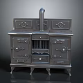 Vintage Old Fashioned Cast Iron Stove With Multiple Drawers Cabinets And Chimney Top