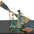 Traditional Costume Lady With Glowing Scroll Calligraphy Mountain And Luminous Circles Photo Check-in Spot