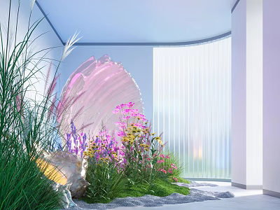 Garden Ornament Featuring Pink Shell Shaped Design Colorful Flowers Green Grass and White Louvered Window 3d model