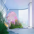 Garden Ornament Featuring Pink Shell Shaped Design Colorful Flowers Green Grass and White Louvered Window