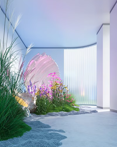 Garden Ornament Featuring Pink Shell Shaped Design Colorful Flowers Green Grass and White Louvered Window 3d model