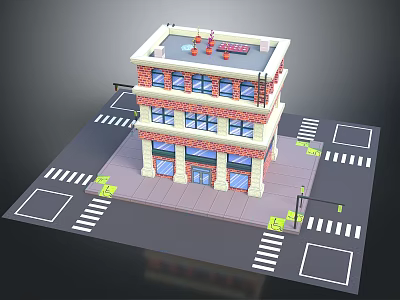 Multi Story Red Brick Building With Windows And Street Sidewalk Design 3d model