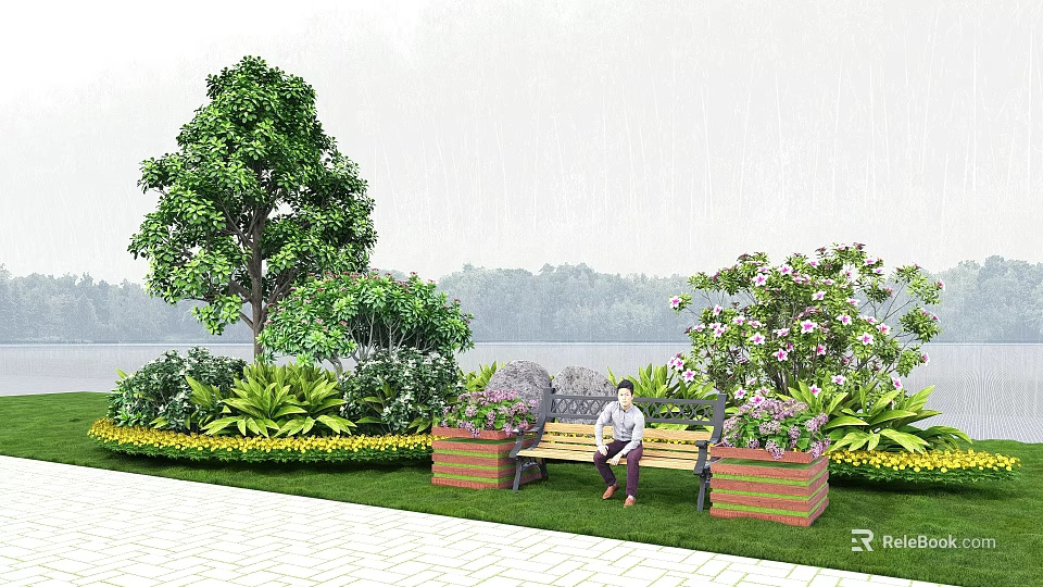 Vibrant Flowers and Plants Surrounding Bench in Lakeside Garden with Lush Green Trees 3d model 