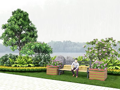 Vibrant Flowers and Plants Surrounding Bench in Lakeside Garden with Lush Green Trees 3d model