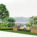Vibrant Flowers and Plants Surrounding Bench in Lakeside Garden with Lush Green Trees