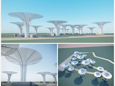Modern Pergolas Featuring Intricate Openwork Canopy And White Columns In Landscaped Area 3d model