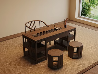 New Chinese Style Solid Wood Tea Table And Chairs Set For Cozy Home Tea Corner 3d model