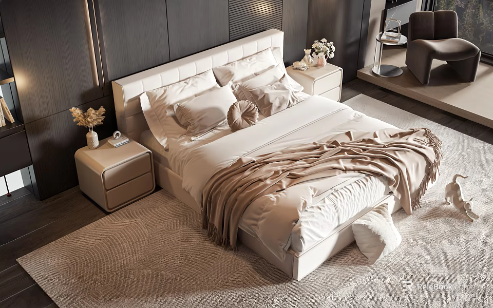 Elegant Double Bed Interior With White Headboard Beige Sheets Bedside Tables And Flower Vases 3d model 