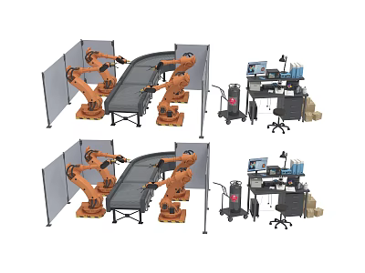 Industrial Equipment System With Robotic Arms Safety Barriers Conveyor Belt And Control Station 3d model
