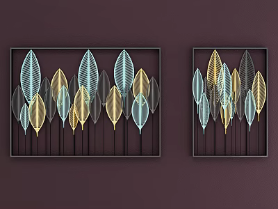 Elegant Leaf Shaped Wall Decor with Gold Blue Gray Leaves and Black Frames Hanging 3d model