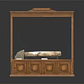 Wooden Display Cabinet with Glass Doors Holding Stone Artifact and Drawers at Bottom