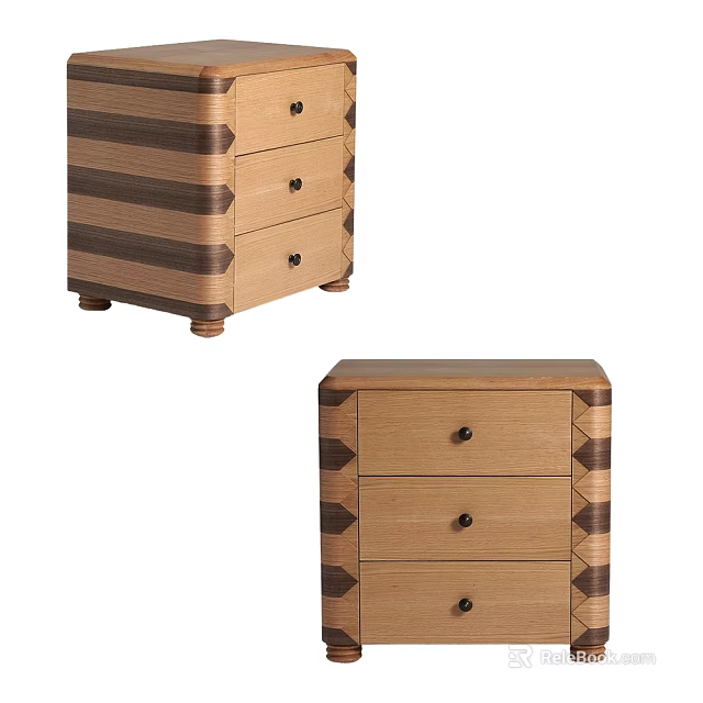 Wooden Bedside Table With Striped Design Drawers Round Knobs And Short Legs 3d model