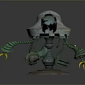 Rusty Vintage Robot Game Character With Green Mechanical Arms Round Head And Metallic Base