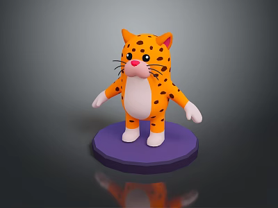 Cute Orange Cartoon Cat With Black Spots Standing On Purple Base White Belly Paws Pink Nose 3d model