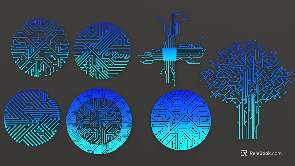 Blue Toned Circuit Board Designs With Multiple Circular And Tree Shaped Patterns And Textures 3d model