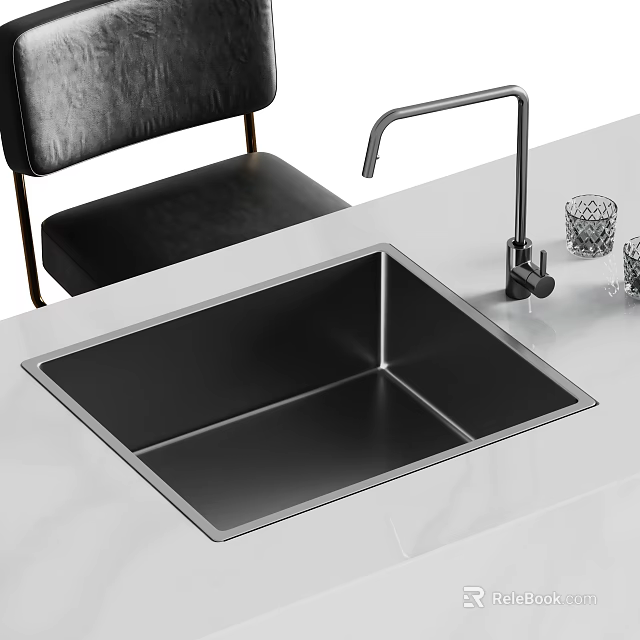 Sleek Modern Washbasin Featuring Stainless Steel Surface Tall Faucet And Glass Cups 3d model 