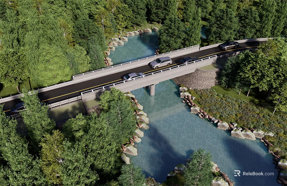 Scenic Highway Bridge Over Calm River With Cars And Lush Green Trees 3d model 