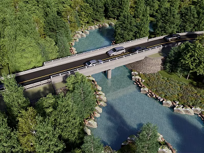 Scenic Highway Bridge Over Calm River With Cars And Lush Green Trees 3d model