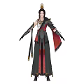 Ancient Female Warrior Character With Mythical Bird Feather Decor Golden Headdress And Red Black Armor