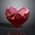 Red Glossy Polygonal Heart Sculpture with Faceted Surface on Dark Reflective Background