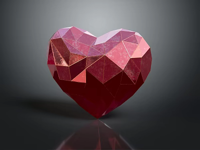 Red Glossy Polygonal Heart Sculpture with Faceted Surface on Dark Reflective Background 3d model