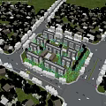 Birds Eye View Planning of Residential Complex With Central Green Space And Surrounding Trees