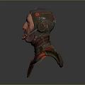 3D Character Bust With Headphones Mustache Metallic Armor Shoulders And Red Accents