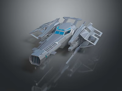 Futuristic Sci Fi Spaceship With Metallic Structure Sleek Design Multiple Wings And Blue Cockpit Accents 3d model