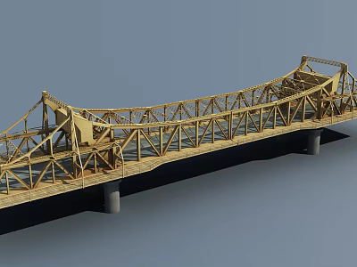 Wooden Truss Bridge Structural Design with Concrete Piers and Framework 3d model