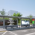 Modern Bus Station Exterior With Shelter Benches Advertising Screens Trees And Surrounding Buildings