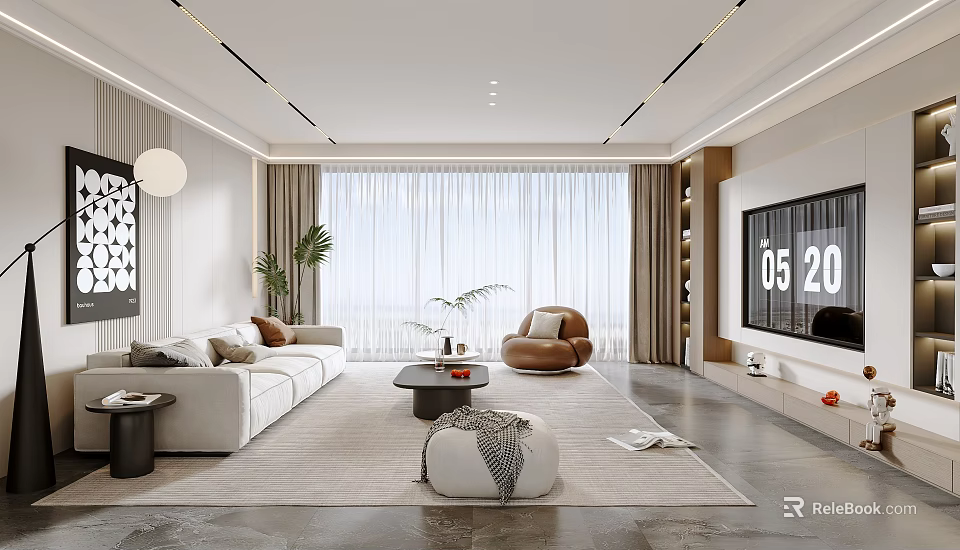 Modern Living Room Interior Design With White Sofa Brown Armchair Round Coffee Table And Large Window 3d model 