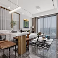Modern Living Dining Room Interior With Sofa Coffee Table TV Wall Pendant Lights And Decorative Rug