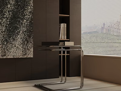 Modern Side Table With Metal Frame Glass Top And Bookshelf By Abstract Painting Window Blinds 3d model