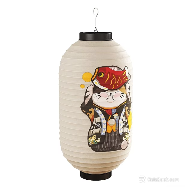 Beige Paper Lantern Floor Lamp With Cartoon Cat And Red Fish Design 3d model 