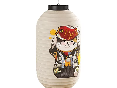 Beige Paper Lantern Floor Lamp With Cartoon Cat And Red Fish Design 3d model