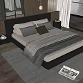 Double Bed In Modern Bedroom With Black Leather Headboard White Gray Bedding And Nightstand