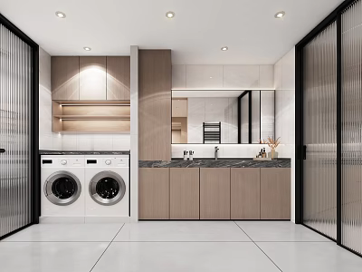 Modern Laundry Room Interior With Two Washing Machines Wooden Cabinets Marble Countertop And Glass Doors 3d model