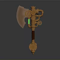 Steampunk Axe Mechanical Design With Brass Gears Copper Pipes And Blue Glowing Element