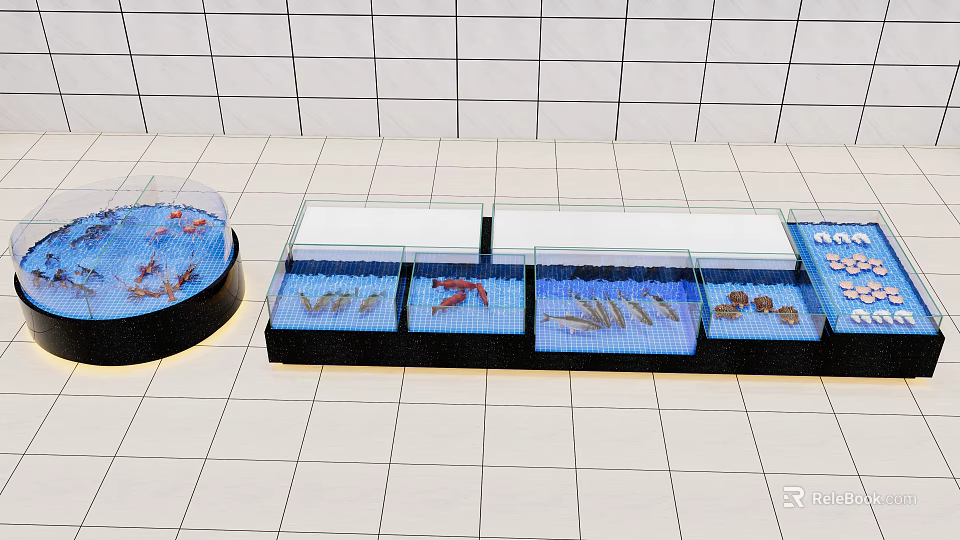 Restaurant Interior Fresh Seafood Display With Round And Rectangular Aquariums 3d model
