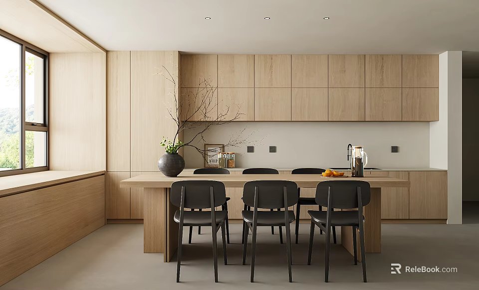 Modern Minimalist Dining Room With Wooden Cabinets Black Chairs Natural Light And Decorative Vase 3d model 