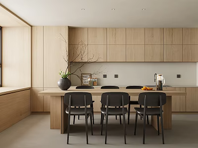 Modern Minimalist Dining Room With Wooden Cabinets Black Chairs Natural Light And Decorative Vase 3d model