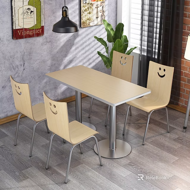 Wooden Rectangular Dining Table Set With Smile Face Design Chairs And Metal Legs 3d model