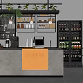 Modern Cafe Interior With Counter COFFEE Sign Hanging Plants Shelves And Coffee Machine Refrigerators