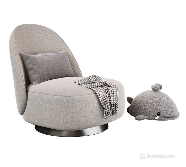 Light Gray Single Sofa With Soft Pillow Plaid Blanket And Whale Plush Toy 3d model 